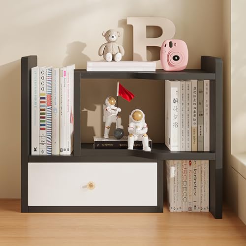 Expandable Wood Desktop Bookshelf, Freestyle Adjustable Wood Display Desk Shelf Counter Storage Rack Top Bookcase for Office & Home (Black)