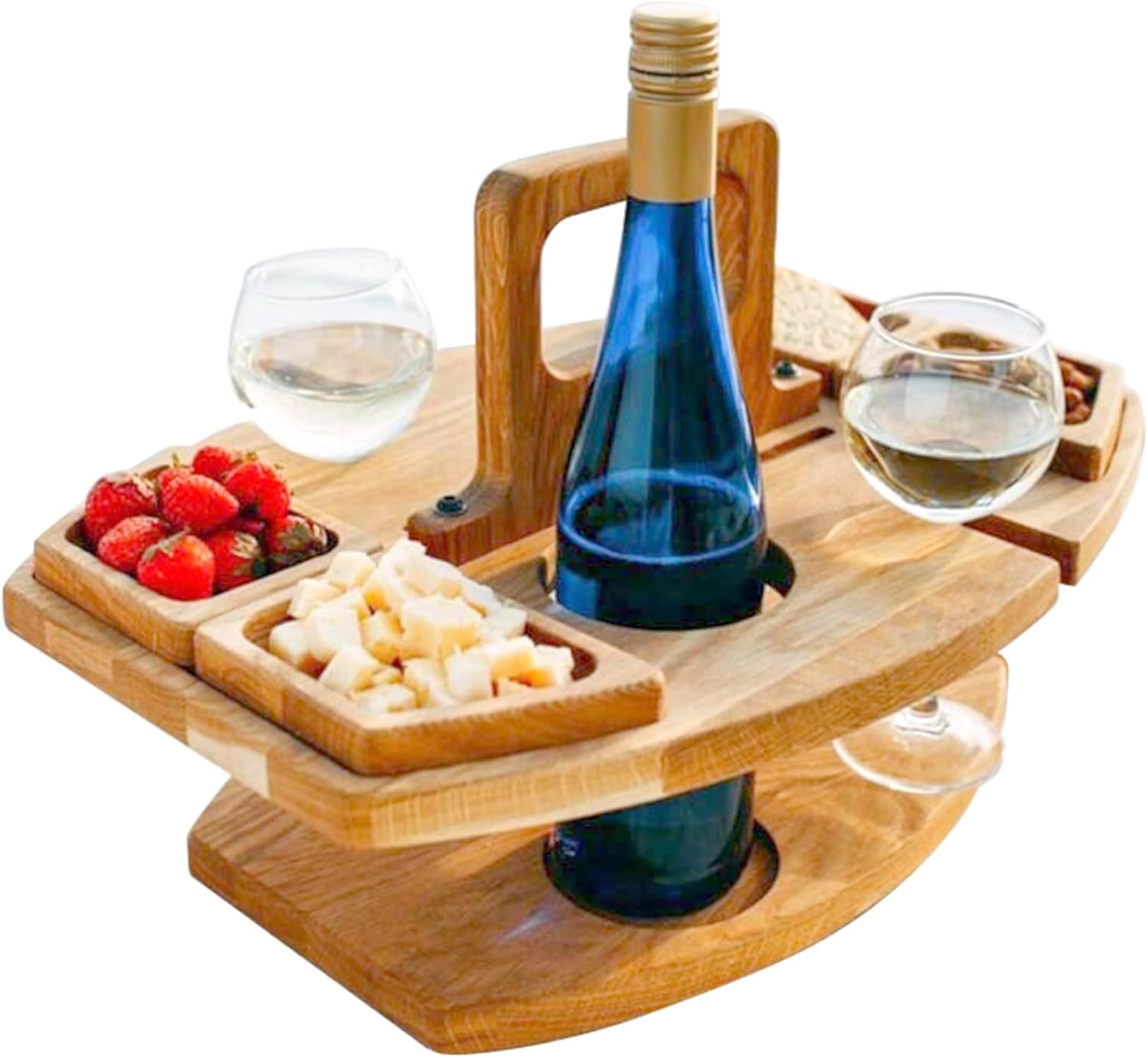 Low Table, Picnic Table Portable Detachable Wine Table with 2 Wine Glasses Holder Stylish Wooden Mini Snack Tray for Wine Lovers Outdoors Events, Beach, Camping
