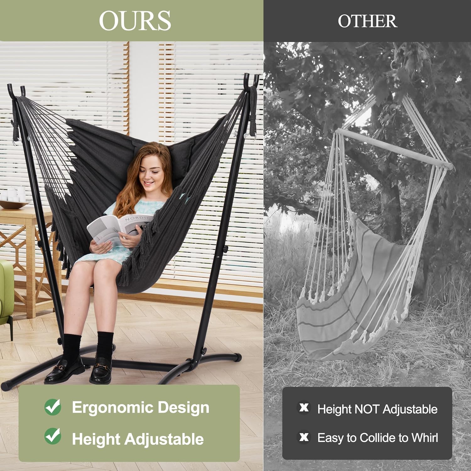 Hammock Chair with Stand, Heavy-Duty Swing Chair for Indoor & Outdoor Use, Height Adjustable Hanging Chair, Weather-Resistant Powder Coated Steel, Max Load Capacity of 350lbs