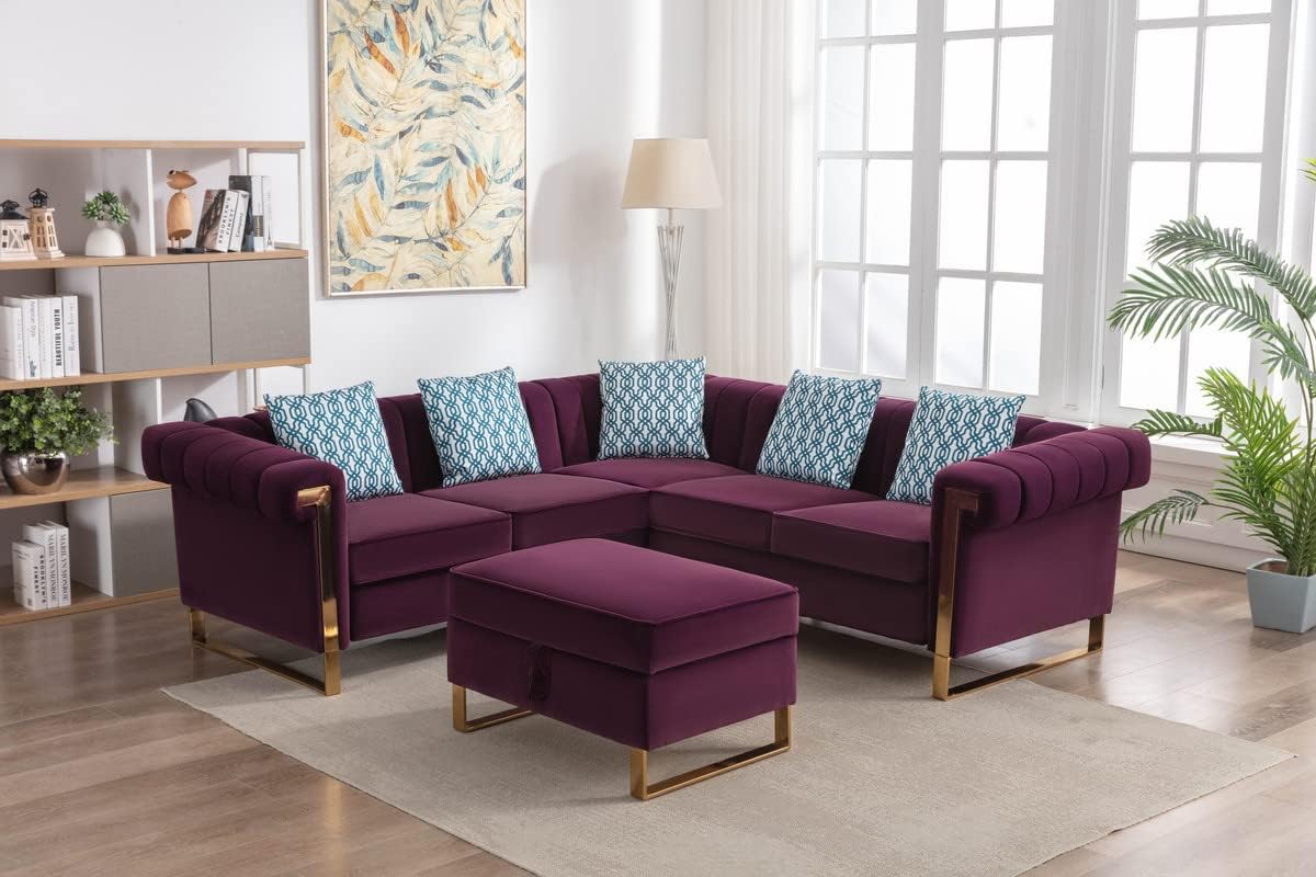 Maddie 88.5 Inch Purple Velvet Sectional Sofa with Storage Ottoman and 5 Throw Pillows, 5-Seater, Versatile and Stylish Comfort