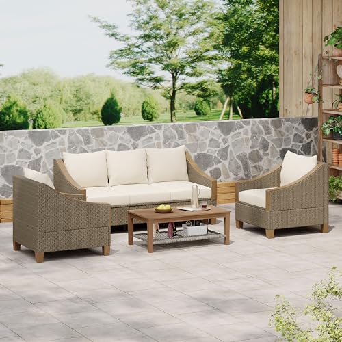 4-Piece Rattan Outdoor Conversation Sofa Set with Wooden Coffee Table and Cushions Seating 5 People, PE Rattan Patio Furniture Set for Patio, Garden and Backyard (Grey-77.9