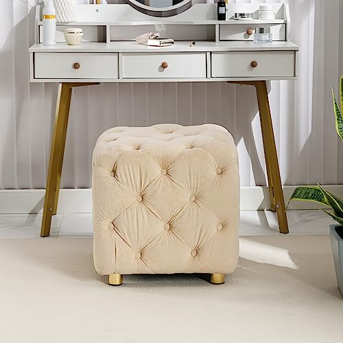 Modern Velvet Upholstered Ottoman, Exquisite Small End Table, Soft Foot Stool,Dressing Makeup Chair, Comfortable Seat for Living Room, Bedroom, Entrance (Pink)