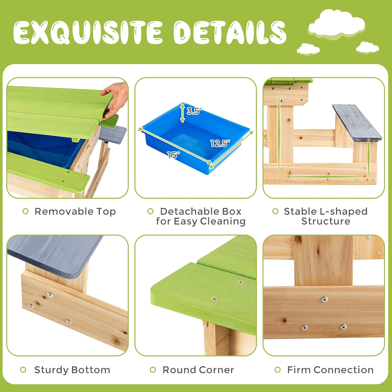 KOTEK Kids Picnic Table for Outdoors, 4 in 1 Wooden Sand and Water Table with Removable Tabletop & 2 Storage Bins, Indoor Activity Sensory Table and Chair Benches Set Art Play Table for Patio & Yard