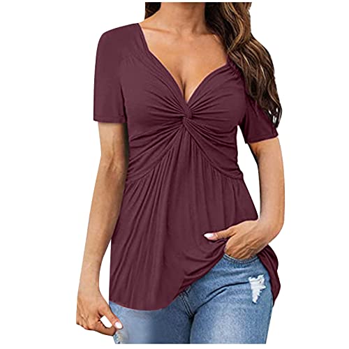 SMIDOW Womens Sexy Twist Front v Neck Tops Elegant Summer Short Sleeve Shirts Solid Pleated party office Blouse