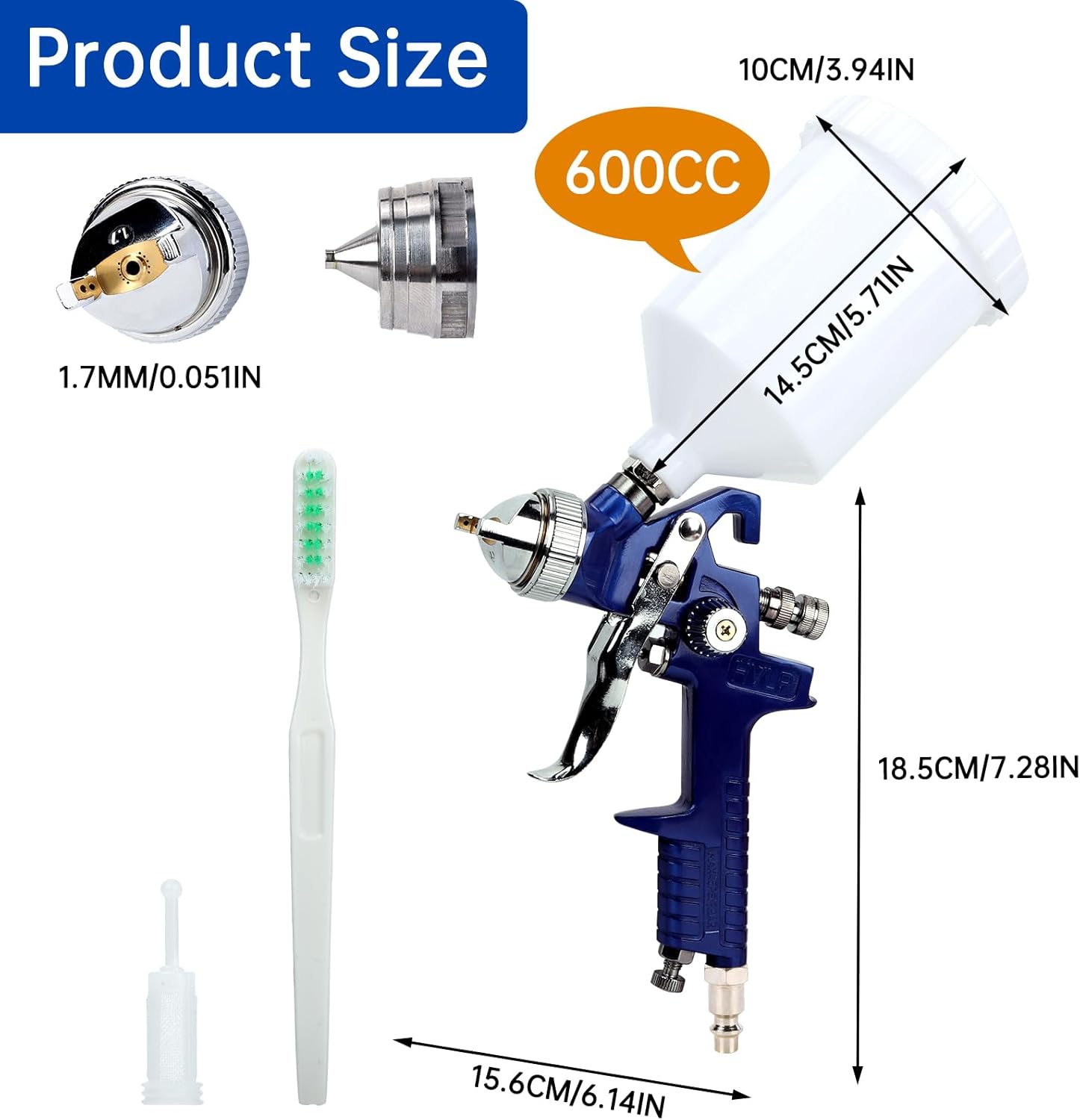 H-827 Professional HVLP Gravity Feed Air Spray Gun 1.7mm Nozzles Needle Cap Automotive Air Paint Sprayer Gun Kit with 600cc Capacity Cup Paint Gun for House Painting Car Furniture