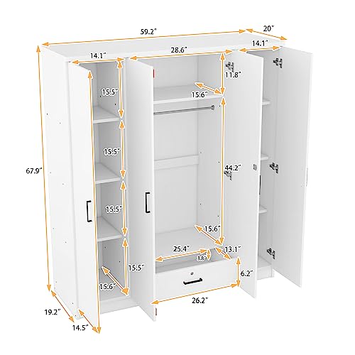 Merax 4 Door Wardrobe Cabinet Closet with Storage Drawers, Shelves and Hanging Rail for Clothes, Bedroom Organizer, White