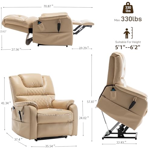 Power Lift Recliner Chair with Massage and Heated for Elderly Oversized Boy Lazy Electric Leather Recliner Chairs for Adults with Lay Flat 180° Side Pockets Remote Control,Beige