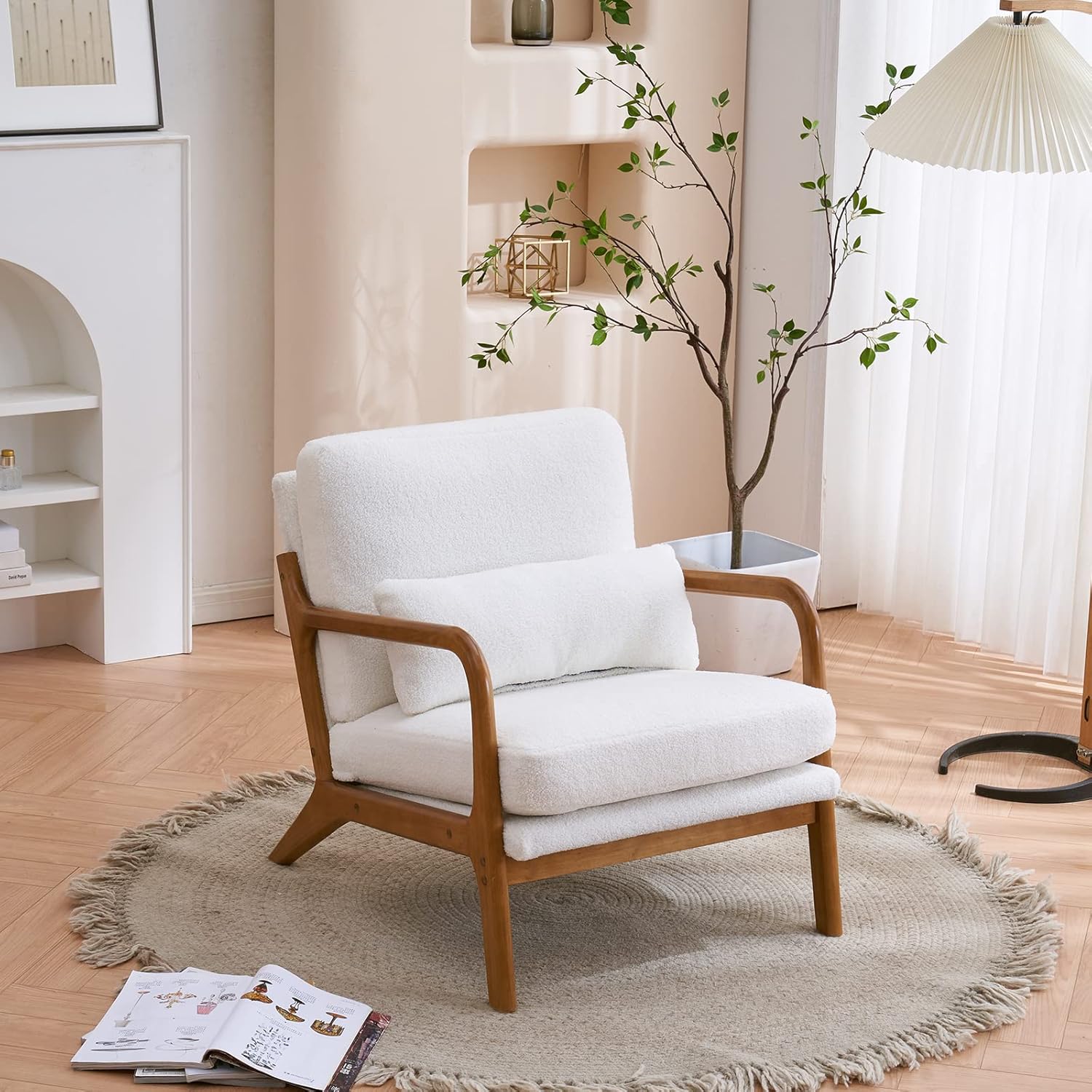 Single Lounge Chair, Soft Bag Teddy Velvet Beige Oak Solid Wood Armrest White Indoor Lounge Chair, Classic Mid-Century Modern Armchair with Back and Seat Cushion, Beige White