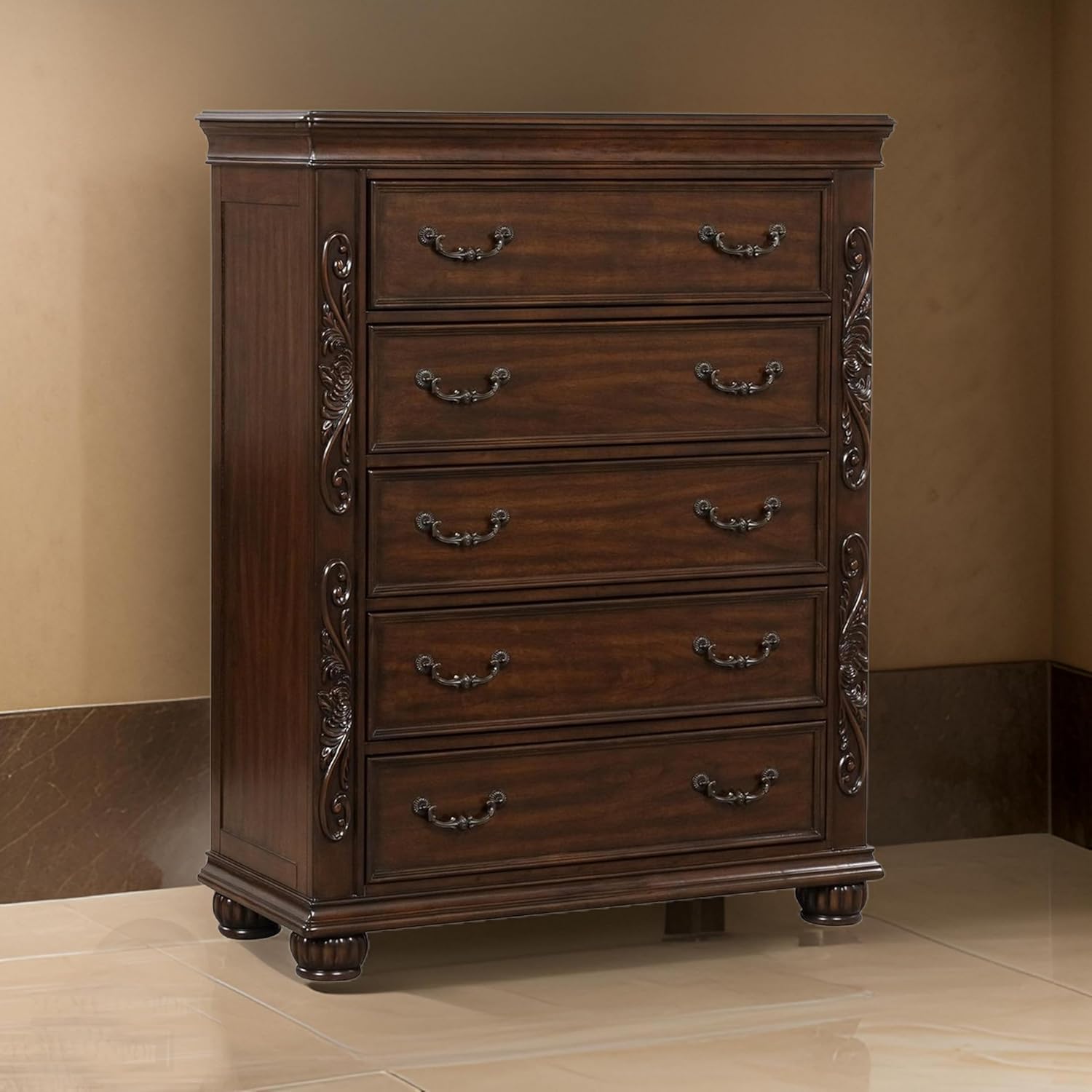 Benjara Brown Akil 54 Inch Tall Dresser with 5 Drawers, Floral Carved Cherry Wood