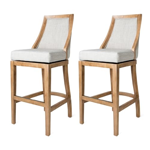 Maven Lane Vienna 26 Inch Tall Counter Height Rotating High Back Barstool in Weathered Oak Finish with Sand Color Fabric Upholstered Seat, Set of 2