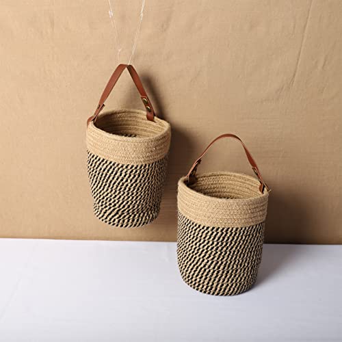 Hanging Basket(2Piece) Wall Woven Cotton Rope Storage Basket with Leather Decorative Baskets Organizer for Kitchen Office Bedroom,Plants,Towels, Toys