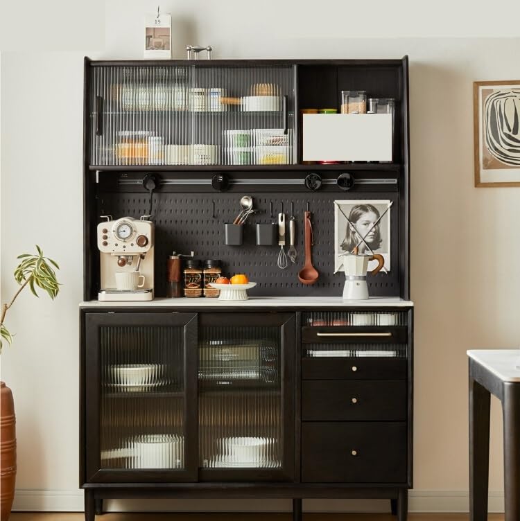Bufetera Solid Wood Sideboard, Simple Oak Wine Cabinet, Multi-Functional Perforated Board Storage Cabinet, Rock Board Tea Cabinet(B)