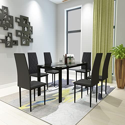5pcs Dining Table Set with Black Glass Top Rectangular Table and 4 Upholstered Chairs, Modern Style Coffee Tea Table Set and Breakfast Nook Set