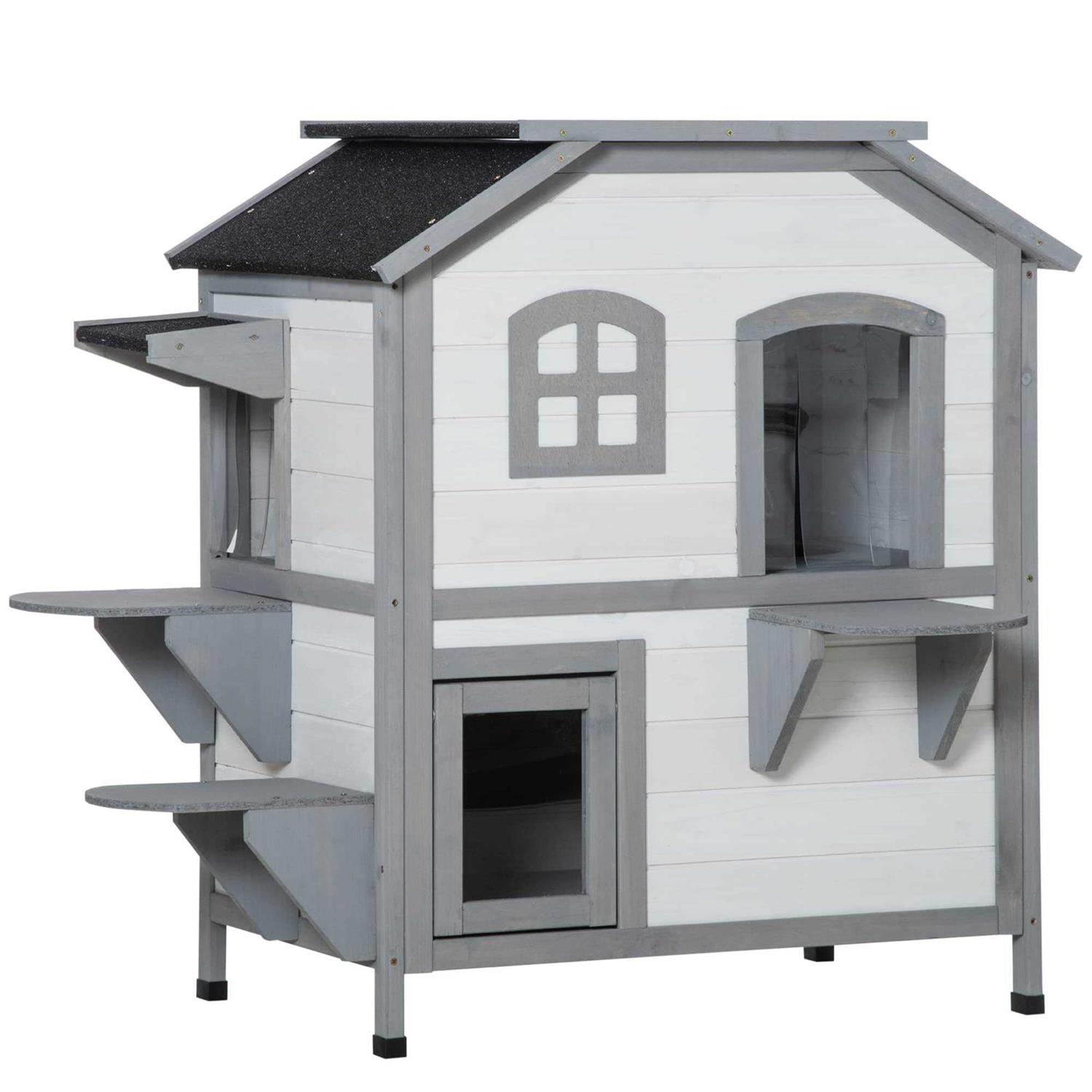PawHut Wooden 2-Story Outdoor Cat House with Escape Door, Cat Openable Roof Platforms - Pet Supplies online store