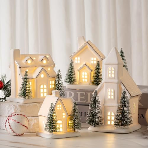 4 Pcs Ceramic Christmas Village Set LED Porcelain Village House，Light Up Christmas Village Houses with Xmas Trees Porcelain Figurines White Snow Scene Tabletop Decor
