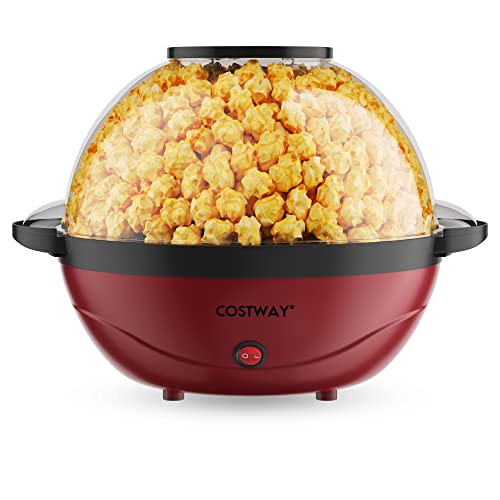 COSTWAY Electric Hot Oil Popcorn Popper Machine, 6 Quarts Fast Heat up Stirring Popper, Electric Popcorn Maker with Stirring Rod, Nonstick Plate, Dishwasher Safe, 24 Cups, 850W (Red)