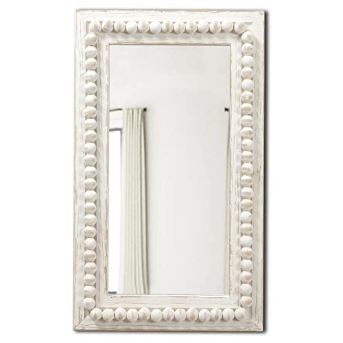 Boho White Mirrors for Wall Decor Living Room 24 x 16 Inches Hanging Rustic Wooden Bedroom Mirror with Beaded Detailing, Vintage Rectangular Bathroom Vanity Mirror Decor