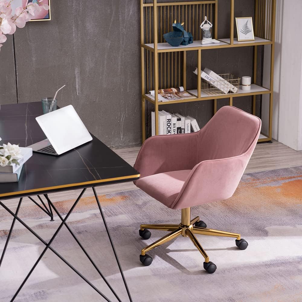 Modern Velvet Fabric Material Adjustable Height 360 revolving Home Office Chair with Gold Metal Legs and Universal Wheels for Indoor,Pink