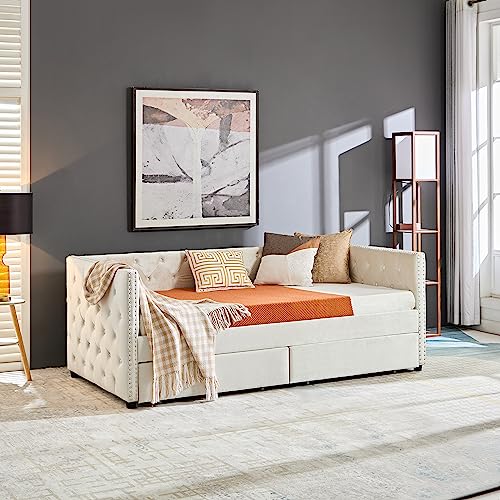 Velvet Upholstered Daybed with Double Drawers, Modern Twin Size Day Bed Button-Tufted Sofa Daybed Frame for Bedroom Living Guest Room, No Box Spring Needed (Beige 067)