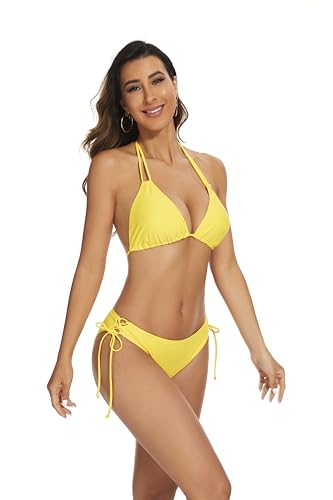 Women's Two Piece Bikini Sets String Halter Triangle Top with Side Tie Bottom Bathing Suits