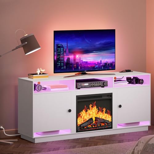 HOOBRO Electric Fireplace TV Stand with LED Lights and Power Outlets, Black TV Console for 32