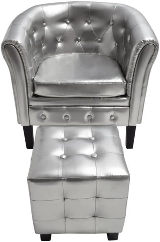 vidaXL Luxurious Silver Artificial Leather Upholstered Tub Chair and Footstool Set, Comfy Padded Armchair Design, Elegant for Offices and Homes