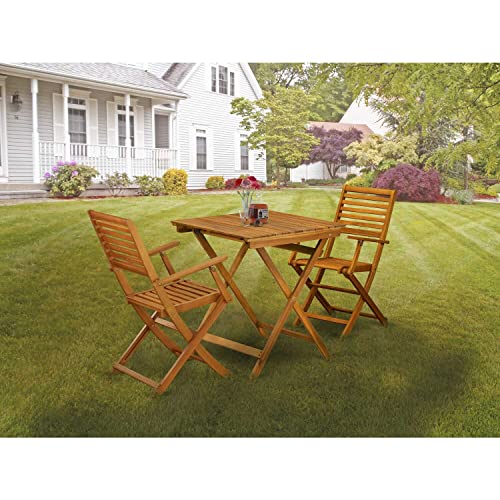 East West Furniture Selma 3 Piece Patio Bistro Outdoor Set Contains a Square Acacia Wood Coffee Table and 2 Folding Arm Chairs, 26x26 Inch, Natural Oil