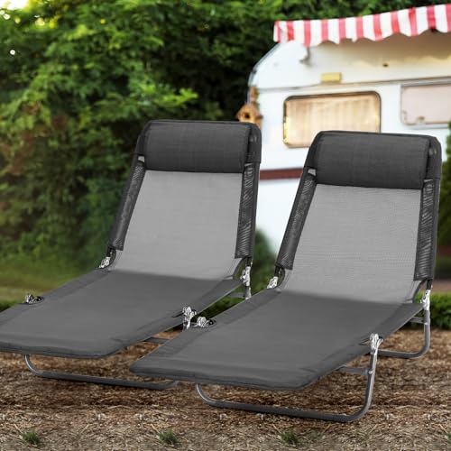 4 Pack Folding Chaise Lounge Chairs Pool Chairs with Pillow Sunbathing Tanning Chair 5 Level Adjustable Backrest Waterproof Breathable Mesh Beach Lounge Chairs for Patio Green Yard(Black)