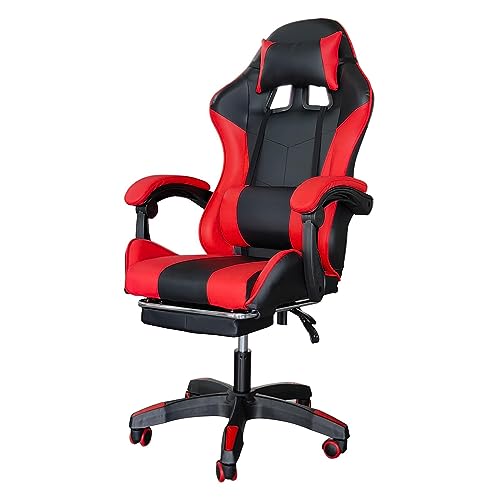 Gaming Chair, Computer Racing Chair with Footrest, Ergonomic High Back Office Headrest, Executive Swivel Rolling Leather Video Game Chair, Red