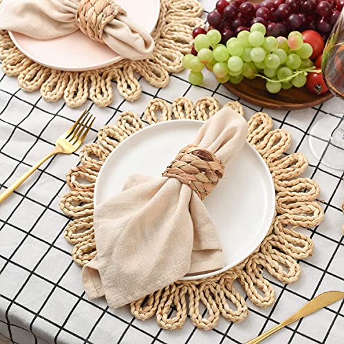 IcosaMro Round Woven Placemats for Dining Table Set of 6, 11 Inch Small Boho Placemats Natural Braided Rattan Rustic Wicker Charger Plates for Holiday Thanksgiving Christmas Farmhouse, Beige