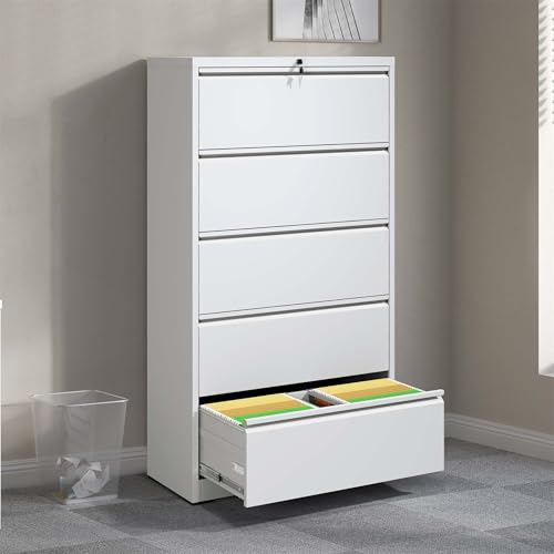 4 Drawer Lateral Metal File Cabinet with Lock Steel Versatile Filing Organization Storage Cabinets for A4 Legal/Letter Size Office Home Assembly Required Anti-Tilting Waterproof White