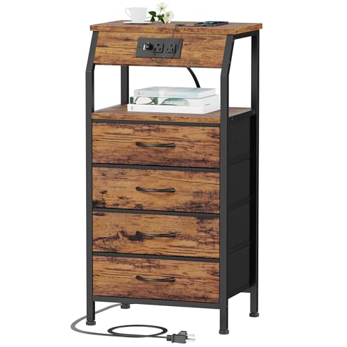Furnulem Tall Night Stand with Charging Station, 4 Drawer Dresser with Storage Shelf, 33 Inch Side Table, Fabric End Table for Closet, Entryway, Dorm, Bedside Furniture, 3 Ways to Use, Black Oak