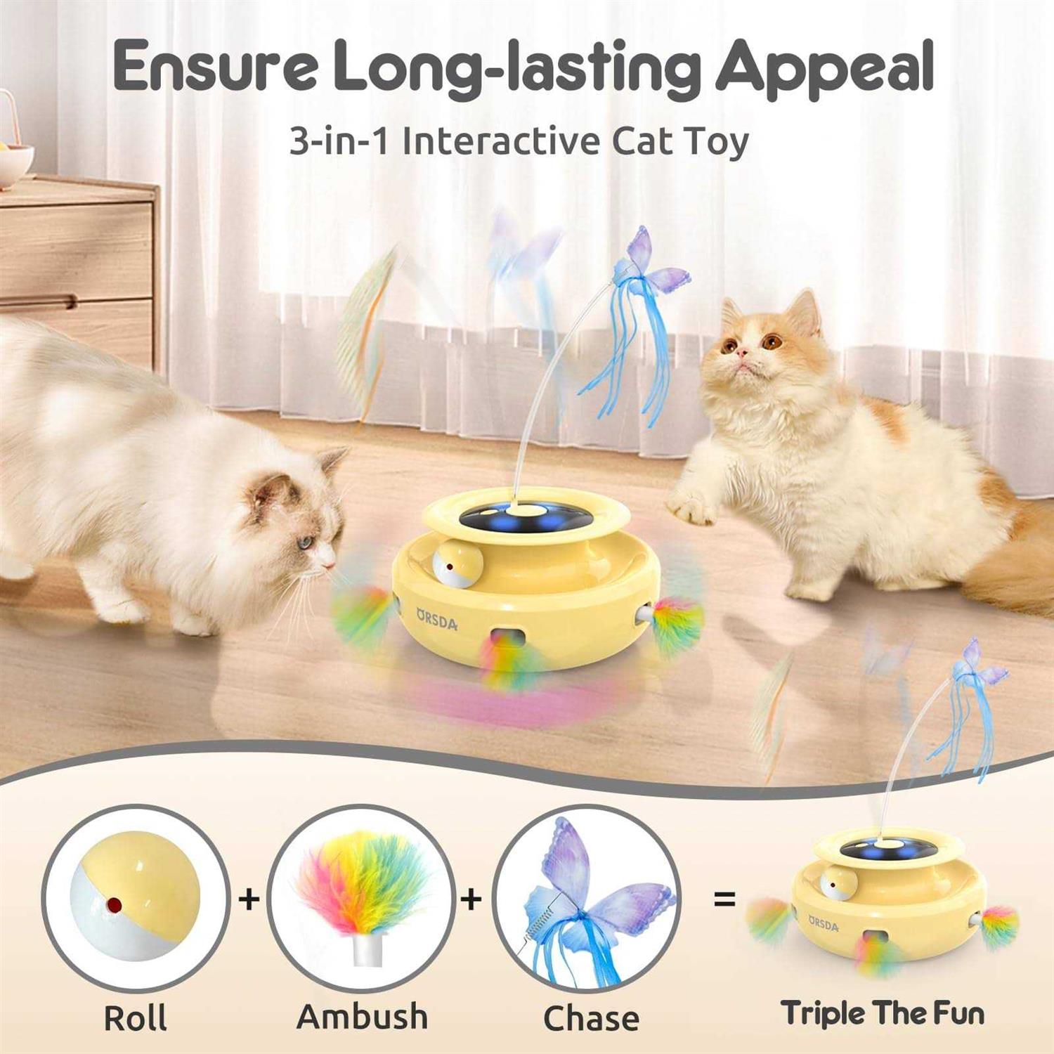ORSDA 3-in-1 Cat Toys Rechargeable Interactive Cat Toys for Indoor Cats Automatic Kitten Toy - Pet Supplies online store