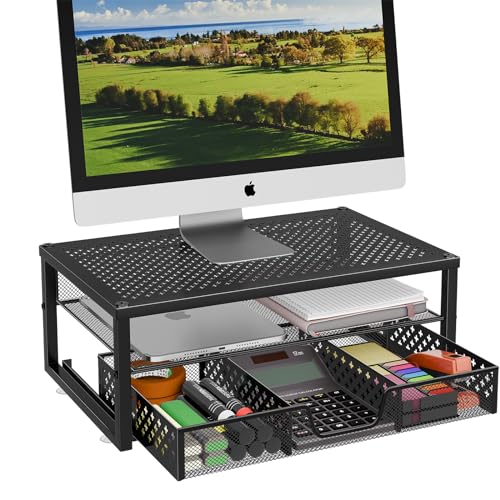 Glass Metal Monitor Stand Riser and Computer Desk Organizer with Drawer for Laptop, Computer, iMac, Black