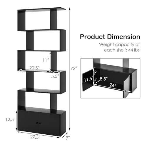 6-Tier Geometric Bookcase with Cabinet, 72 Inch Freestanding Room Divider Bookshelf, S-Shaped Open Display Book Shelf for Bedroom, Modern Bookcases with Doors and Shelves (1, Black)