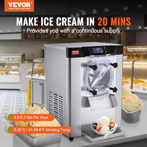 VEVOR Commercial Ice Cream Machine 1400W 20/5.3 Gph Hard Serve Ice Cream Maker with LED Display Screen Auto Shut-Off Timer One Flavors Perfect for Restaurants Snack bar Supermarkets