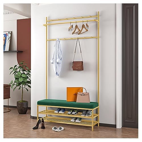 Coat Rack Entryway Coat Rack Shoe Bench Hall Tree Floor Drying Rack Iron Wrought Hallway Furniture With Hooks 2 Storage Shelf For Clothing Store Home Bedroom (Color : Gold+grey, Si