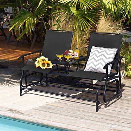 Tangkula 2 Person Swing Glider Chair, Patio Rocking Loveseat w/Center Tempered Glass Table, Outdoor Swing Bench w/Steel Frame & Breathable Mesh Fabric for Porch, Balcony, Poolside (Black)