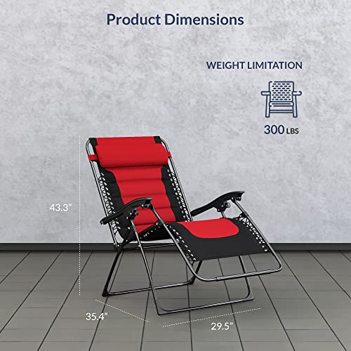 BELLEZE Oversized Zero Gravity Chair Set of 2, XL Padded Recliner Folding Adjustable Outdoor Patio Lounge Chair with Headrest, Cup Holder, Side Tray for Lawn, Camping, Backyard - Red