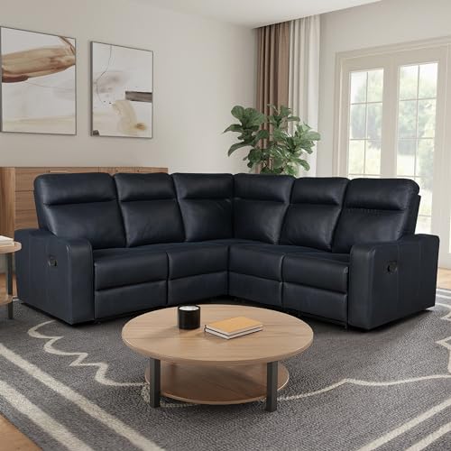 P PURLOVE Modern Palomino Fabric Reclining Sofa with Flipped Middle Backrest, Recliner Couch with 2 Cup Holders, Living Room Furniture Set for Office, Apartment, Bedroom (Black Blue)