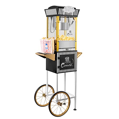 Popcorn Maker Professional Cart Retro Classic Popcorn Popper Machine 8 Ounce with Nonstick Kettle for Home Use, Party and Birthday Gift, Black