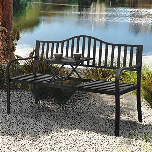 MoNiBloom 50 Inch Outdoor Garden Bench, Steel Patio 2 Person Seating Bench with Grid Design Backrest for Front Porch Backyard Park Outside Furniture Decor, 800 lbs Load Capacity, Balck