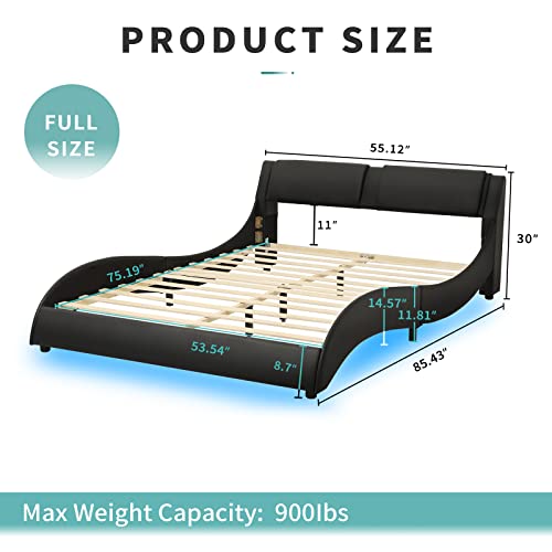 Full Size Modern Upholstered Platform Bed Frame with LED Lights Wave Like Smart Led Bed Frame with Headboard Full Low Profile Platform bed frame,Faux Leather,Easy Assemble,Strong Wood Slats,Black