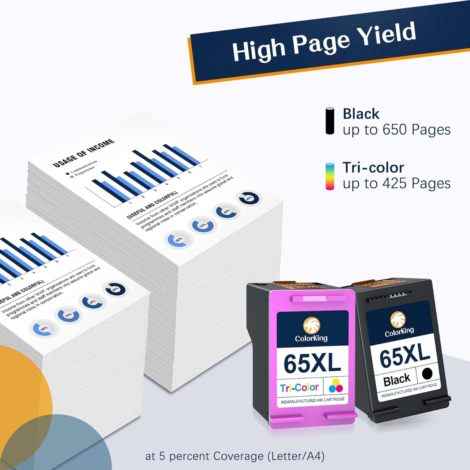 65 Ink Cartridges Black Color Combo Pack Remanufactured for HP 65XL 65 XL Ink Replacement for Envy 5055 5052 5058 5000 DeskJet 3755 3752 2655 3720 3722 3723 3700 2652 2600 Printer (1 Black, 1 Color)