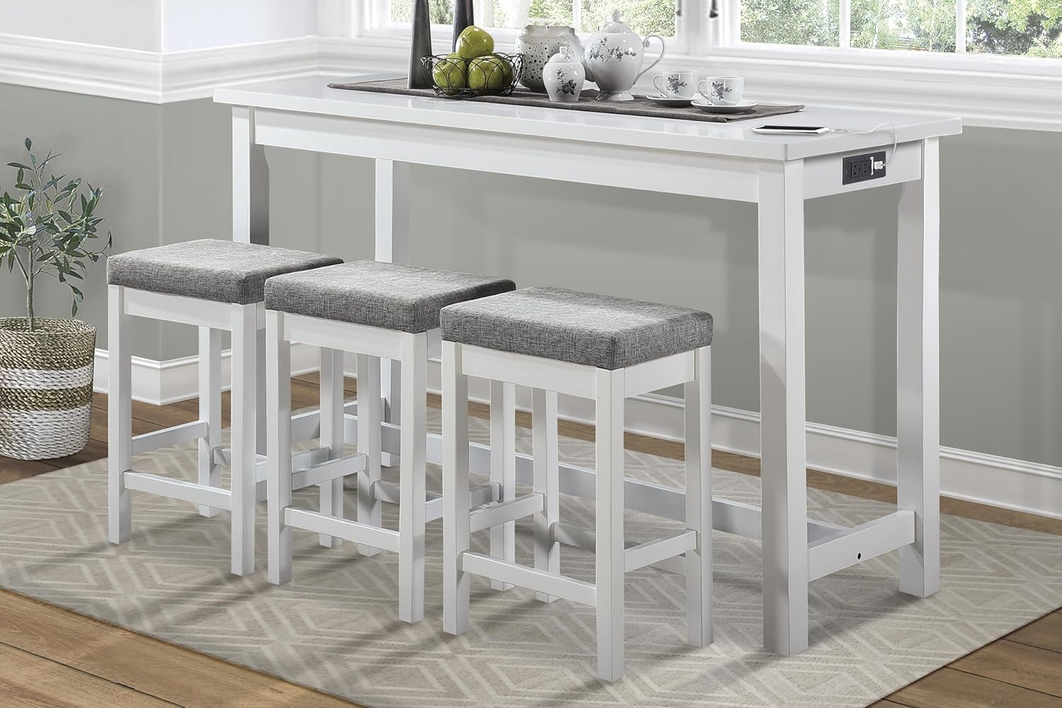 4pc Counter Height Dining Set White Finish Counter Height Table w Drawer Built-in USB Ports Power Outlets and 3 Stools Casual Dining Furniture