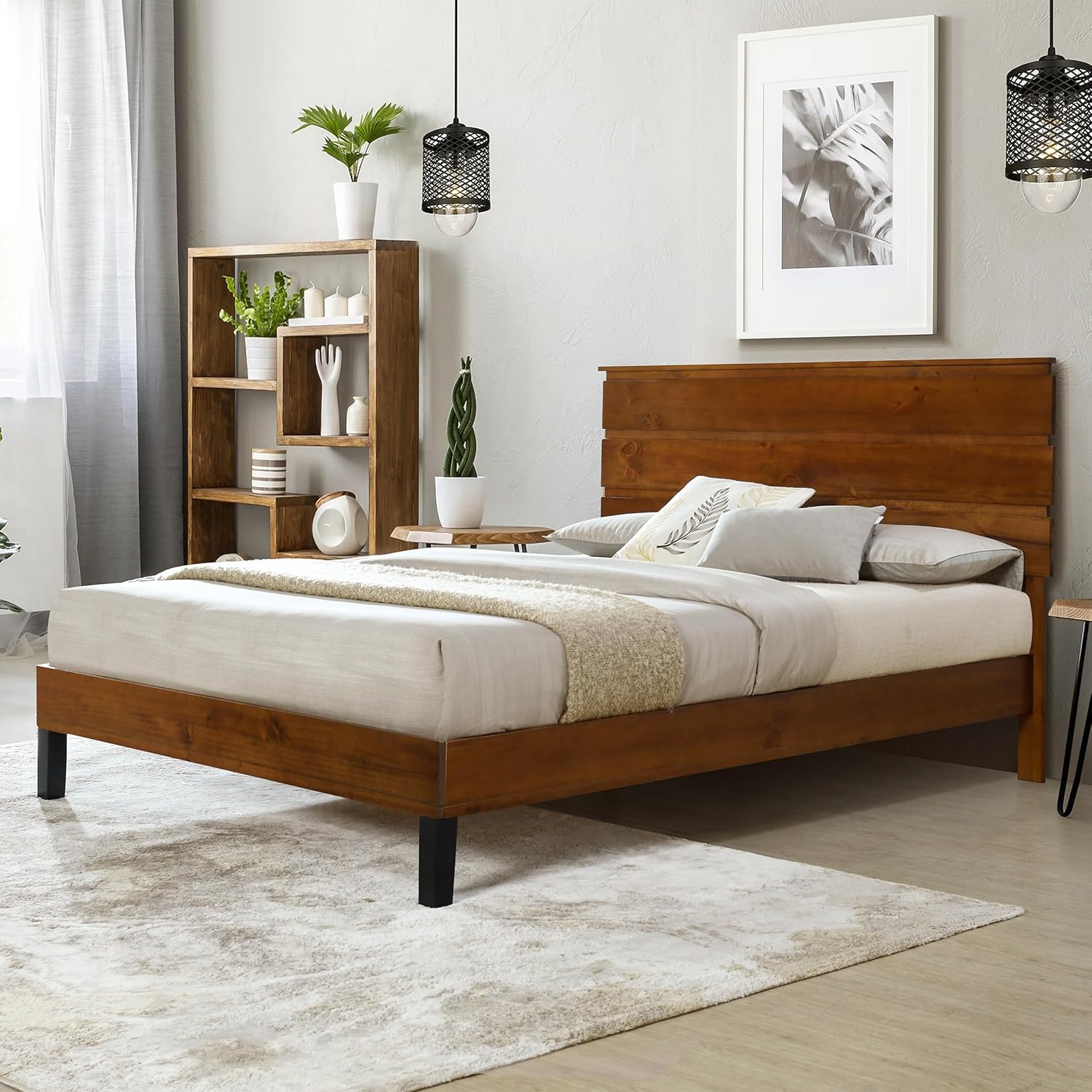 Mid-Century Modern Full Size Platform Bed with Three-Piece Headboard,Unique Design Solid Wood Bed Frame with Wood Slat Support,No Box Spring Needed,Easy Assemble