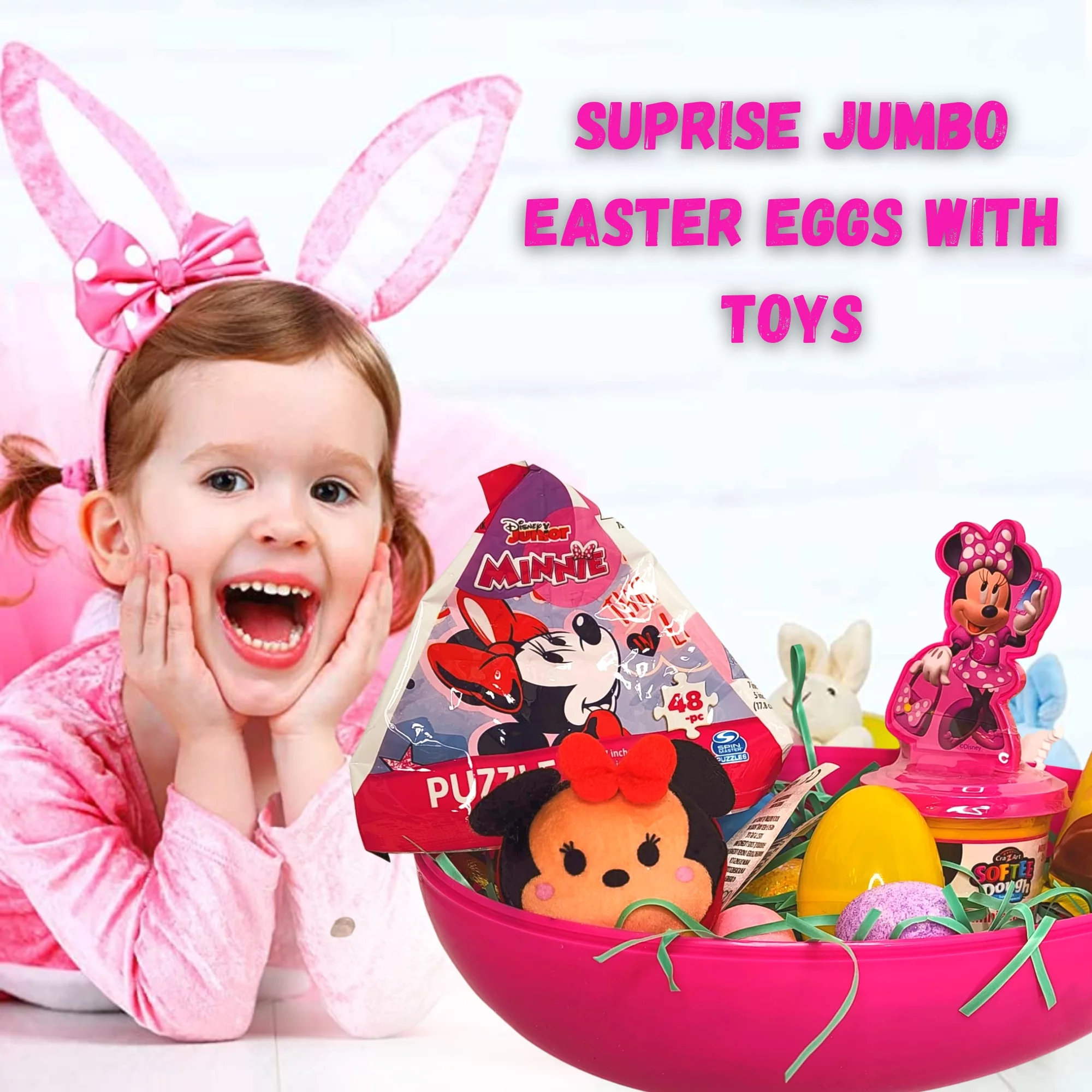 Happy Easter Basket Pre-Filled Surprise Jumbo Egg w/ Minnie Mouse Plush Toy Kiddy Dough Figure Eggs Candies Gift & Reusable Plastic Egg-Shaped Container Kids Spring Party Favor ( Contents May Vary)