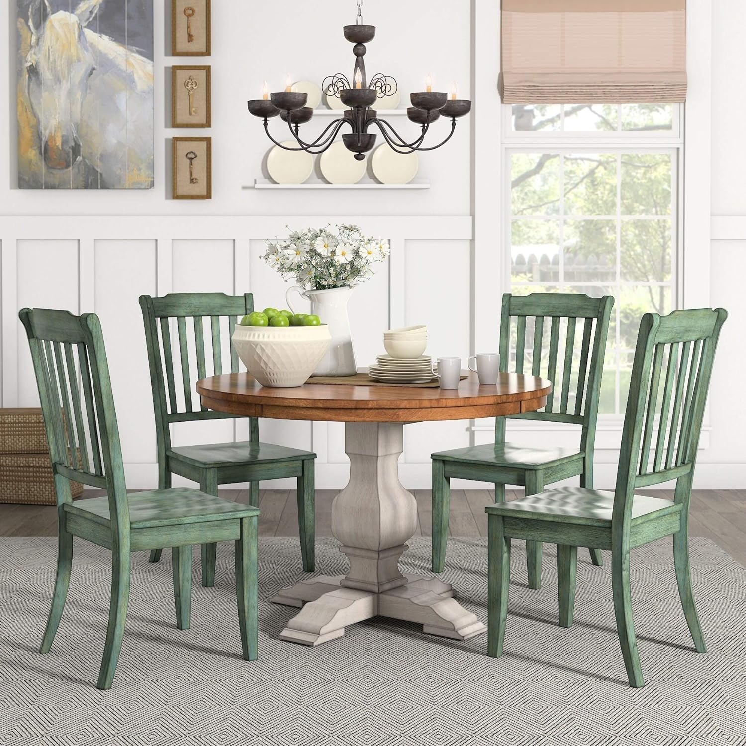 Inspire Q Eleanor Antique White Round Solid Wood Top 5-Piece Dining Set - Slat Back by Classic Antique Sage Green Chairs