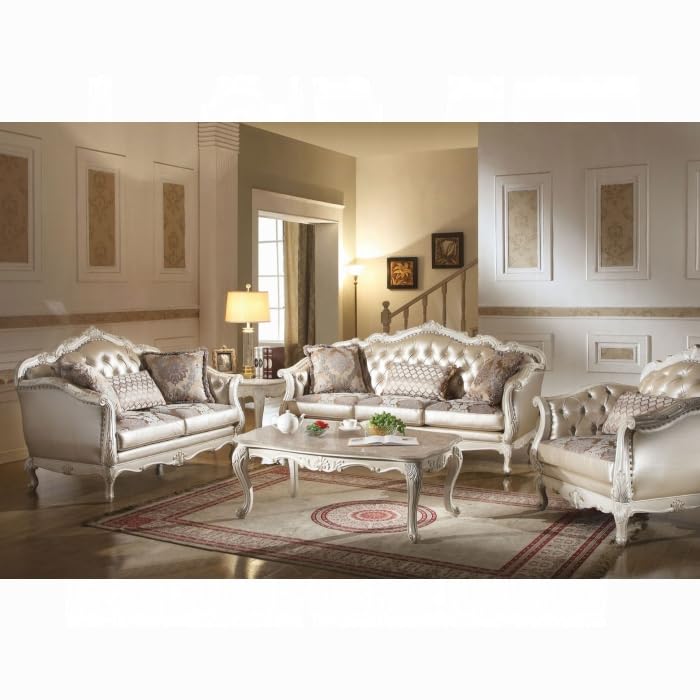 Traditional Sofa W/3 Pillows, Floral Pattern Fabric, Crystal Like Button Tufted, Tight Back/Loose Seat Cushion for Living Room, Office in Rose Gold Synthetic Leather/Fabric & Pearl White Finish
