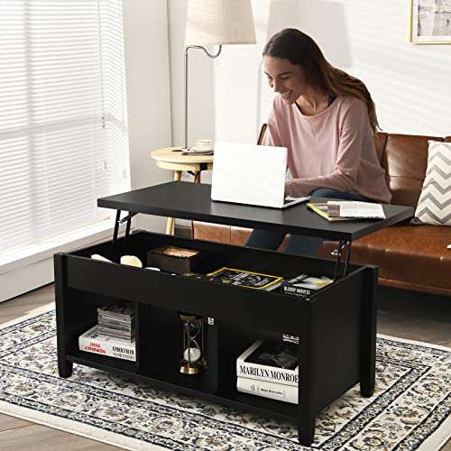 GOFLAME Lift Top Coffee Table, Center Table with Lift Tabletop, Hidden Compartment, 3 Open Shelves, Middle Leg, Anti-slip Foot Pads, Modern Accent Table for Living Room, Reception Room (Black)